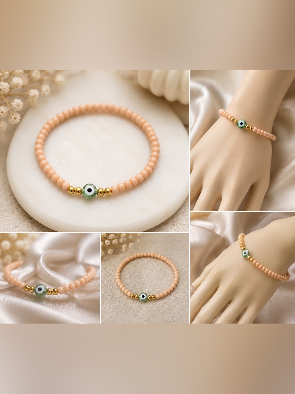 Peach Beaded Evil Eye Stretch Bracelet - Women's Jewelry #12